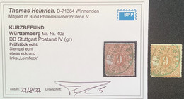 Württemberg Mi.40 A ABART 1869 9 Kr. Braun STUTTGART  KB Heinrich BPP (Wurtemberg Cert Variété Variety - Oblitérés