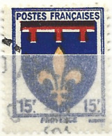 FRANCE N°574 15F BLEU ROUGE ET JAUNE BLASON DE PROVENCE BARRE NOIR SOUS POSTES TRES EPAISSE OBL - Usados