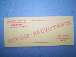 BUVARD. PUBLICITE "ASSURANCES DEVOIR - PREVOYANTE".  TROYES. AUBE. PARIS. IX°ARDT. 100_7024TRC"a" - Bank & Versicherung