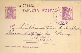 1932 VIZCAYA , E.P. 69 - MATRONA 15 CTS. , CIRCULADO ENTRE CARRANZA Y VITORIA , FECHADOR AZUL - 1931-....