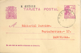 1933 BARCELONA , E.P. 69 - MATRONA 15 CTS. , CIRCULADO ENTRE GIRONELLA Y BARCELONA , LIBRERIA RAMÓN GUINÓ - 1931-....