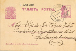 1934 MALAGA , E.P. 69 - MATRONA 15 CTS. , CIRCULADO  ENTRE CORTES DE LA FRONTERA Y SANLUCAR DE BARRAMEDA - 1931-....