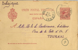 1893 BALEARES , E.P. 31 - PELÓN , CIRCULADO ENTRE PALMA DE MALLORCA Y TOURNAI , LLEGADA EN EL FRENTE - 1850-1931