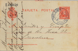 1908 BARCELONA , E.P. 45 - CADETE , CIRCULADO ENTRE OLESA DE MONTSERRAT Y BARCELONA , FECHADOR AZUL - 1850-1931