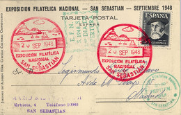 1948 GUIPÚZCOA , EXPOSICIÓN FILATÉLICA NACIONAL SAN SEBASTIAN , 1º DIA DE APERTURA - Covers & Documents