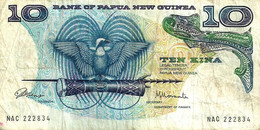PAPUA NEW GUINEA 10 KINA BLUE  1ST ISSUE  BIRD FRONT ARTEFACTS BACK  ND (1975) P3. F+  READ DESCRIPTION!!!!! - Papua New Guinea