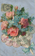 Carte Genre Aluminium Avec Paillettes Et Bouquet De Roses Et Myosotis - Sonstige & Ohne Zuordnung