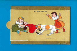 PUBLICITE ANIMEE CHROMO A SYSTEME  TIRETTE Au Bon Marché « ENFANTS POUPEE CHIEN ROBE QUI S’ ALLONGE»  B.E. V.SCANS - Publicidad