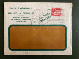 LETTRE TP PAIX 50c Perforé BP OBL.MEC.15 DEC 1937 BORDEAUX BOURSE GIRONDE SOCIETE GENERALE DES HUILES DE PETROLE+FACTURE - Cartas & Documentos