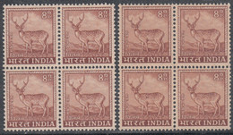 INDIA 1965,1967 4th Definitive Serie 8p Chittal,Deer,Fauna 2 Blocks Of 4 Shade Difference,  Wmk Ashoka Pillars, MNH (**) - Ungebraucht