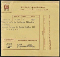 Portugal, 1967 - UNIÃO NACIONAL, Fascist Organization / Organisation Fasciste -|- Quota Receipt With Vignette - Cartas & Documentos