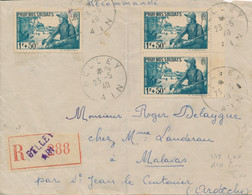 1940 N°452 1f + 50c POUR NOS SOLDATS X 3 Obl BELLEY AIN 23/5/40 Sur Lettre RECOMMANDÉE > MALAVAS ARDECHE - Covers & Documents