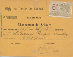 1926 Vignettes 6f + 50c ( *) EFFETS NEGOCIABLES Sur Carte ABONNEMENT 8 Jours CASINO DE DINARD - Covers & Documents