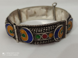 VINTAGE BRACELET BERBERE KABYLE EN ARGANT PUR EMAIL BLEU/VIOLET JAUNE VERT CORAIL - Bracelets