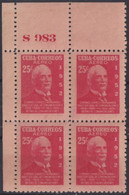 1952-507 CUBA REPUBLICA 1952 25c MNH AIR MAIL BLOCK 4 CHARLES HERNANDEZ PLATE NUMBER. - Unused Stamps