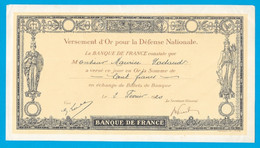 Reçu Banque De France 1920: Versement D'Or Pour La Défense Nationale En échange De Billets - Bonds & Basic Needs