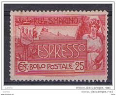 SAN  MARINO:  1907  ESPRESSO  ALLEGORIA  -  25 C. ROSA  CARMINIO  N. -  SASS. 1 - Express Letter Stamps