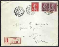FRANCE 1910: LSC Rec. De Paris Pour Nyon (VD, Suisse) Affr. De 50c Avec Les Y&T 138,139b, B Obl. CAD - 1906-38 Sower - Cameo