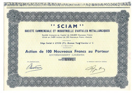 SCIAM  . SOCIETE COMMERCIALE ET INDUSTRIELLE D'ARTICLES METALLURGIQUES . ACTION DE 100 NOUVEAUX  FRANCS AU PORTEUR - Industrie