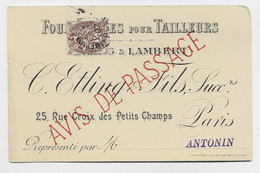 FRANCE BLANC 2C SEUL AU RECTO CARTE AVIS DE PASSAGE TAILLEURS LAMBERT PARIS 1907 - 1877-1920: Période Semi Moderne