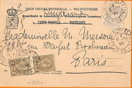 99354 - LUXEMBOURG - Postal History  - 5 Cent Rate On POSTCARD  To FRANCE 1899 - Other & Unclassified