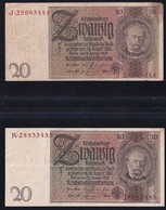 2x 20 Reichsmark 22.1.1929 - Serie Z/J + Z/K - Rote + Braune KN - Reichsbank (DEU-184a) - 20 Mark