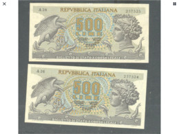 Italia  Repubblica Coppia Banconote Consecutive Del Re 500 Aretusa Decreto 1975 Rare Fds - 500 Liras