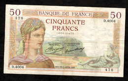 FRANCE - RARE - 50 Francs CERES - 19.3.1936 - Série RADAR 4004 - TB+ - N° Billet 478 - 50 F 1934-1940 ''Cérès''