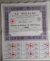 LE MICALAS . SOCIETE FRANCAISE DES ISOLANTS POUR L'ELECTRICITE .  ACTION AU PORTEUR DE 100 FRANCS . TYPE B . - Electricity & Gas