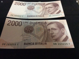 Italia  Repubblica Due Banconote Da Lire 2000 Marconi Consecutive Varietà Numeri Verdi FDS - 2.000 Lire