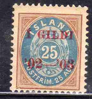 ISLANDA ICELAND ISLANDE 1902 1903 NUMERAL STAMPS OF 1882 - 1901 OVERPRINTED 1 GILDI 25a MLH - Unused Stamps