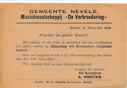 GEMEENTE NEVELE MUZIEKMAATSCHAPPIJ ,, DE VERBROEDERING 19..(19) TE WEINIG ZEGELS         2 SCANS - Nevele