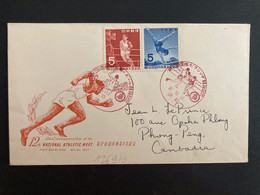 LETTRE THE 12TH NATIONAL ATHLETIC MEETING Pour Le CAMBODGE TP BOXE 5 + ATHLETISME 5 OBL. ROUGE 32. 10. 28 - Cartas & Documentos