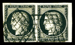 O N°3, 20c Noir Sur Jaune En Paire Horizontale, Petit Coin De Feuille, Jolie Pièce (certificat)  Qualité: O - 1849-1850 Ceres