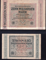 10 + 20 Milliarden Mark 1.10.1923 - Wz. Hakensterne - Reichsbank (DEU-136f, 137g) - Verzamelingen