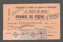 PERMIS DE PECHE  TIMBRE FISCAL TAXE PISCICOLE ORDINAIRE ET SUPPLEMEN 1970 / ARDECHE LA TRUITE DU DUZON SAINT PERAY  D869 - Covers & Documents