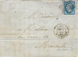 1860- Lettre De Paris  R. D'ENGHIEN    Affr. N° 22 Oblit.   étoile Pleine Pour Marseille - 1849-1876: Periodo Clásico