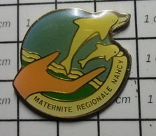 Sp12 Pin's Pins / Beau Et Rare / THEME : MEDICAL / MAIN ROSE DAUPHINS BLANCS MATERNITE REGIONALE NANCY - Médical