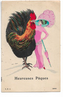 L30G031 - Heureuses Pâques - Dessin De Coq Et D'une Jeune Femme Arts Nouveaux - Xavier Sager - S.R.A N°1540 - Pasen