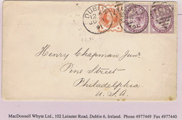 Ireland USA Transatlantic Dublin 1891 Cover To Philadelphia With Q Vict ½d And 1d Lilac Pair Tied Code 12 A DUBLIN 186 D - Unclassified