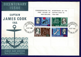 Ref 1562 - 1969 New Zealand Scarce FDC - Captain James Cook Miniature Sheet - SG MS 910 - Storia Postale