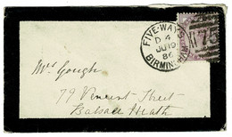 Ref 1563 -  GB 1886 Mourning Cover - Five Ways Birmingham Duplex Postmark - Storia Postale
