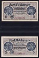 2x 5 Reichsmark 1939 O.A. - Serie J Mit Fast Laufender KN - Reichskreditkassen (ZWK-4a) - Sonstige & Ohne Zuordnung