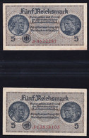 2x 5 Reichsmark 1939 O.A. - Serie J Mit KN 7- + 8-stellig - Reichskreditkassen (ZWK-4a, B) - Autres & Non Classés