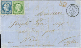 PC 93 / N° 12 (infime Froissure D'origine) + 14 Càd T 15 ANTIBES (78) Sur Lettre Pour Nice Au Tarif Frontalier Pour Le R - 1853-1860 Napoléon III.