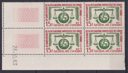 COMORES - 1963 - DROITS DE L'HOMME - YVERT 28 BLOC De 4 COIN DATE ! ** MNH  - COTE = 52++ EUR. - Unused Stamps