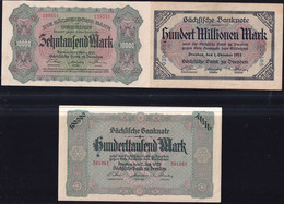 3x Dresden: 10.000 Mark, 100.000 + 100 Millionen Mark 1923 - Sächsische Bank - Collezioni