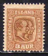 ISLANDA ICELAND ISLANDE 1907 1908 KING CHRISTIAN IX AND FREDERIK VIII 3a RE MH - Ongebruikt