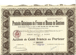 PRODUITS CHIMIQUES DE FRANCE ET BLANCS DE COMINES . ACTION DE CENT FRANCS AU PORTEUR . - Industrie