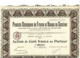 PRODUITS CHIMIQUES DE FRANCE ET BLANCS DE COMINES . ACTION DE CENT FRANCS AU PORTEUR . - Industrie